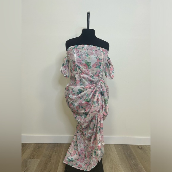 ◾️Pretty Little Thing Nude Floral Bardot Draped Skirt MIDI Dress - Picture 2 of 10